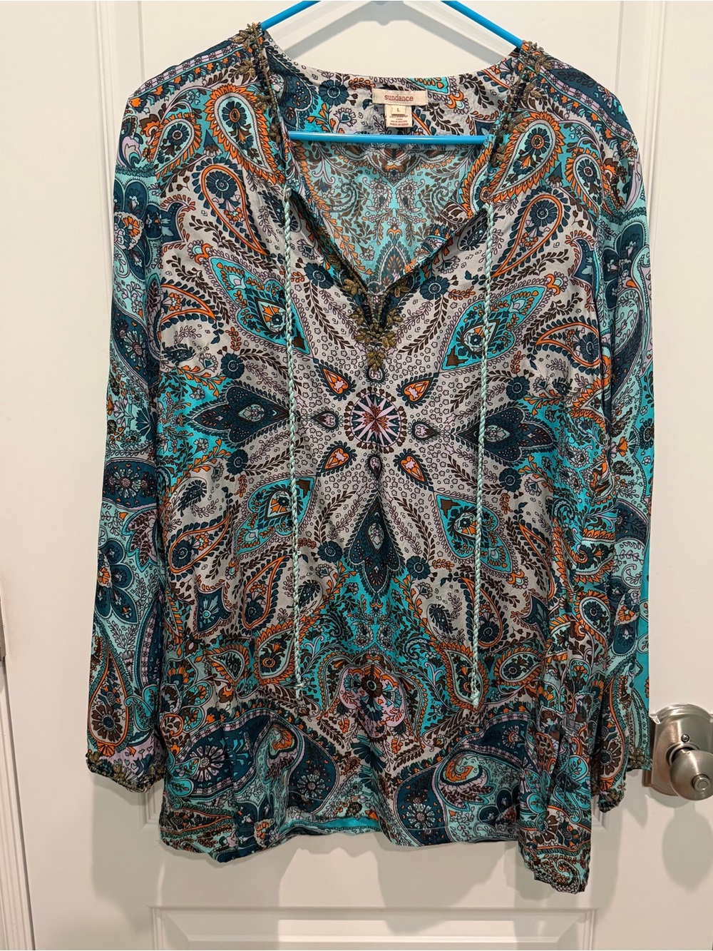 Sundance Catalog Tunic Top Blouse Women’s L 100% Silk Paisley V-Neck Beaded Boho